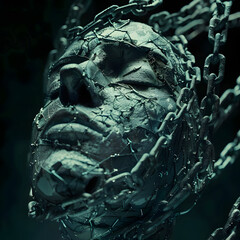 A detailed rendering of a human-like face, seemingly in a state of repose with eyes closed. The face is heavily interwoven with and partially composed of dark, metallic chains and intricate, almost sk