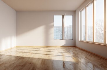 Fototapeta premium An empty interior space is bathed in natural light, showcasing hardwood flooring and expansive , creating a bright and inviting atmosphere.