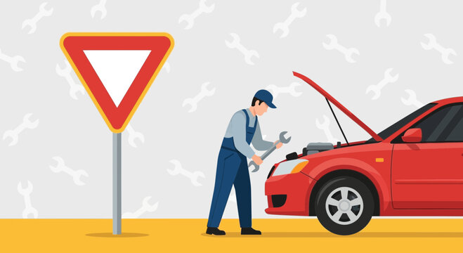 Car Repairman Working At The Garage Next To The Yield Sign Vector Illustration