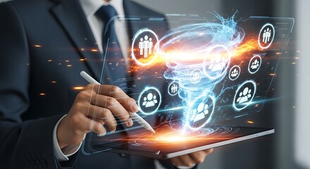 Dynamic digital vortex with people icons showcasing global connections and data flow for modern business