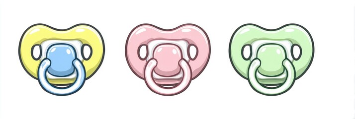 Three colorful pacifiers in pastel shades
