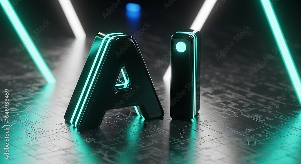 Poster modern ai concept design with glowing accents on circuit board pattern background
