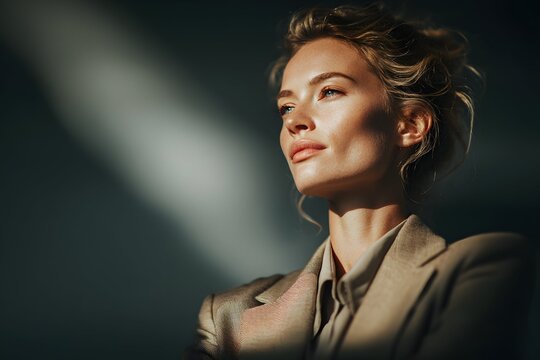 A determined businesswoman radiates unwavering strength and commitment in a modern studio.