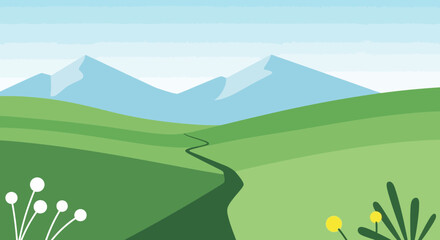 Fototapeta premium Cartoon Green Hills Landscape With Winding Road And Distant Mountain Peaks