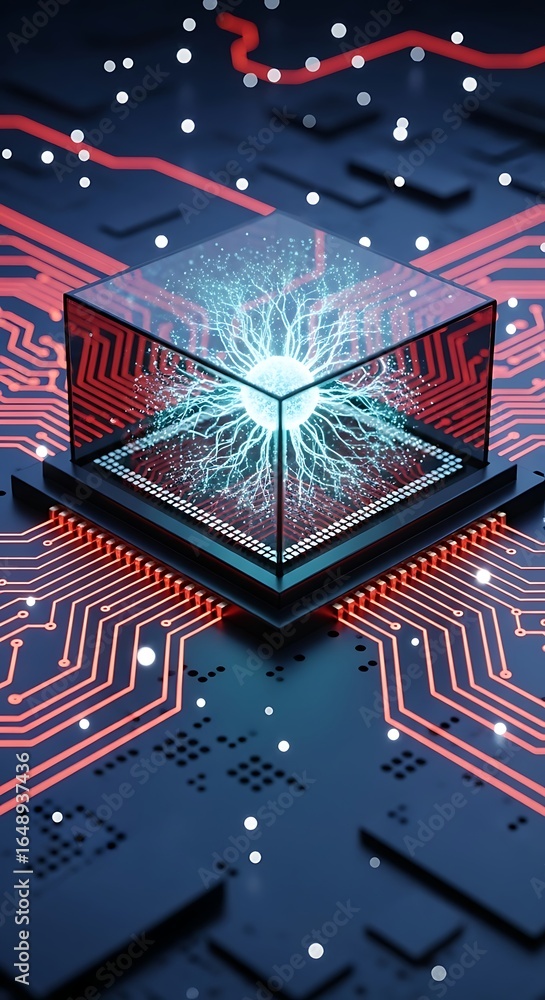 Poster cutting-edge artificial intelligence core with neural network in cube for futuristic tech concepts