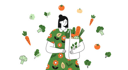 Cheerful Woman Holding a Bag Filled with Colorful Vegetables and Healthy Foods