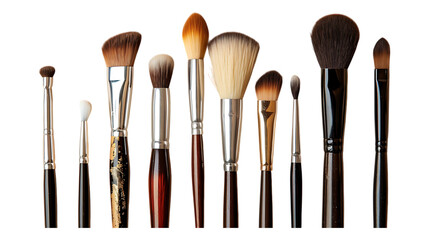 Professional cosmetic face brushes set for makeup artist tools beauty products collection on dark background on transparent background