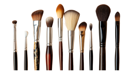 Professional cosmetic face brushes set for makeup artist tools beauty products collection on dark background on transparent background
