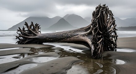 Driftwood on a sandy beach with mountains in the background on a cloudy day