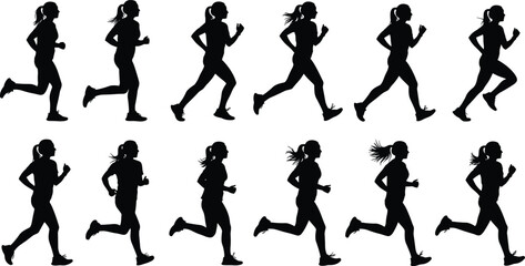 Running silhouette, athletic motion, dynamic pose, sports figure, ponytail runner, fitness movement, jogging stages, black outline, exercise form, human biomechanics