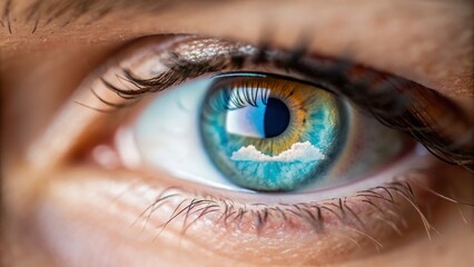 Fototapeta premium Close up of human eye reflects cloud in sky symbolizing data sovereignty in cloud environments