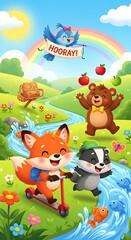 Naklejka premium Happy Woodland Creatures Enjoying a Sunny Day with a Rainbow