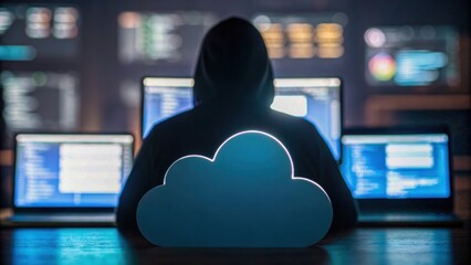 Hooded figure sits in front of multiple computer screens with glowing cloud symbol, representing data sovereignty in cloud environments