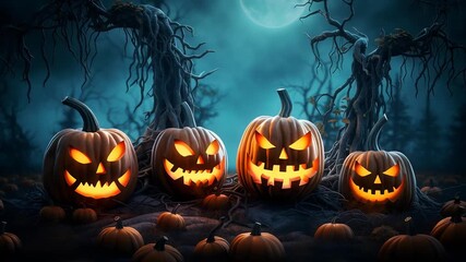 Carved pumpkins emit a spooky glow in a dark, eerie forest under a full moon. Twisted branches and fog enhance the Halloween atmosphere. Concept of Halloween, seasonal celebrations, event decoration - Powered by Adobe