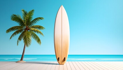 "Streamlined surfboard standing upright on a wooden surface against a dark background