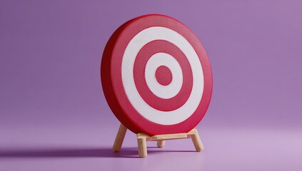 Red target on a small wooden stand.  A vibrant red target with white rings,  resting on a simple wooden easel, against a soft, purple background.  3D rendered