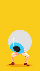 Surreal collage. Man holding oversized blue eye symbol on bright yellow background. Concept of...
