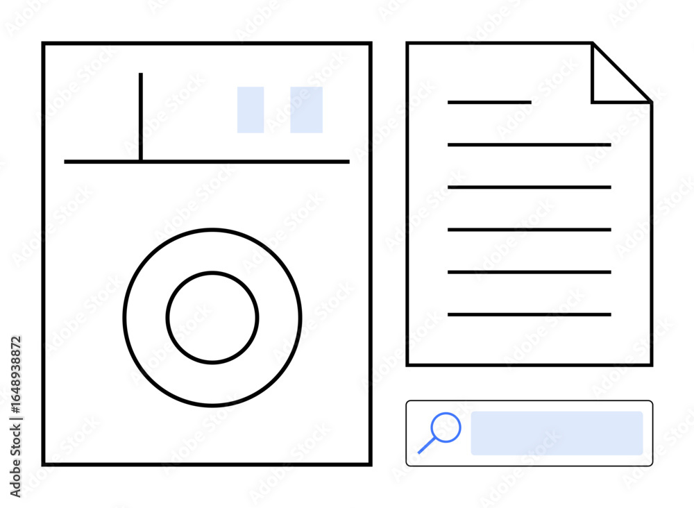 Poster abstract design with a document, lines resembling text, a circular element, and a search bar. ideal 