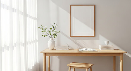 Sunlight streams through sheer curtains onto a wooden desk with a vase of flowers and a mirror