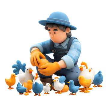 Cartoon farmer with chickens charming 3D illustration showcasing a caring relationship