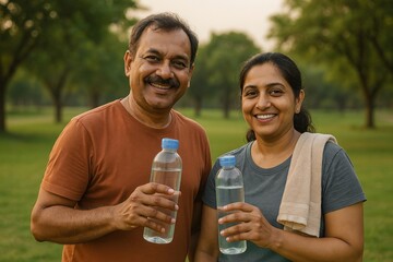 Happy couple holding water bottles