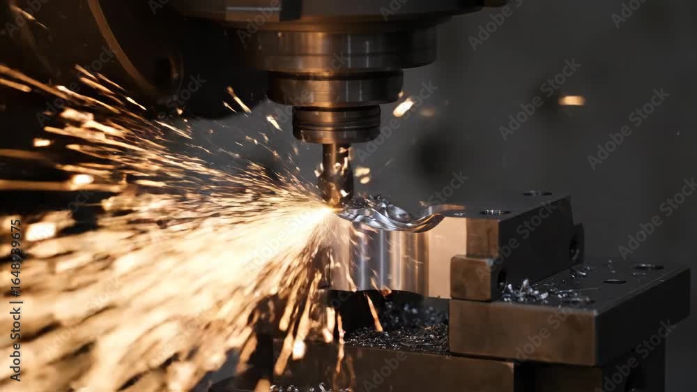 Poster precision metal machining with sparks - close-up view of a cnc milling machine precisely cutting a m
