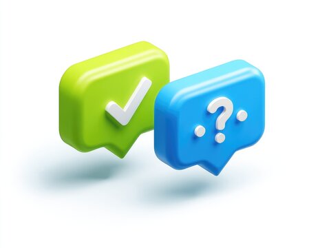 Two 3D speech bubbles, one green with a checkmark, the other blue with a question mark, on a white background