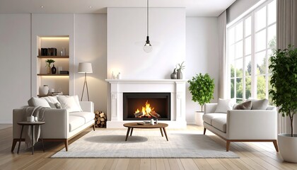 Fototapeta premium Modern, bright living room with fireplace