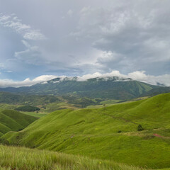 Fototapeta premium Picture of a beautiful green grassland in the middle of mountain 