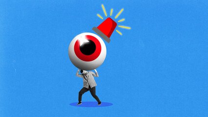 Minimalist pop art collage. Man carrying giant red eyeball with alarm light on top against blue background. Concept of stress, pressure, urgency, surveillance, and responsibility
