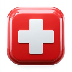 Obraz premium Red square button with a white plus sign. A glossy, three-dimensional icon, representing first aid or medical assistance