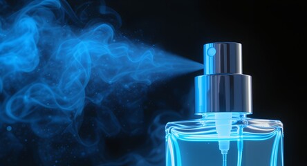 Luminous Blue Fragrance Mist Billowing from a Sleek Glass Atomizer