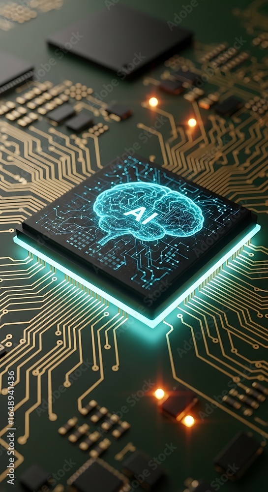 Poster cutting-edge microchip with ai brain powering future technologies and innovation in a modern tech la