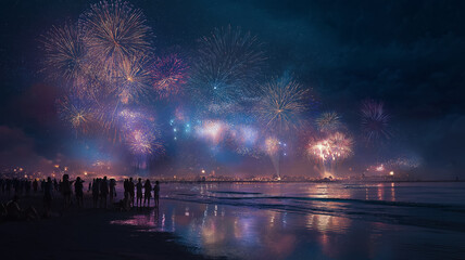 Fototapeta premium Spectacular Fireworks Display Over Ocean Beach Celebration Night Scene