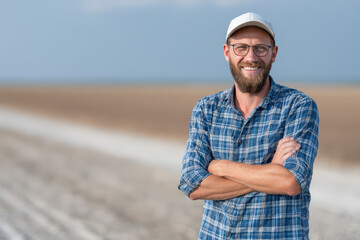 confident farmer interacts with advanced ai technology on farm predicting crop yields clearly