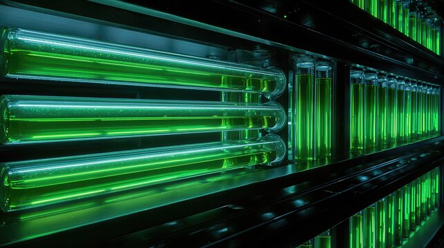 Glowing green microalgae flow through bioreactor tubes in a lab, arranged in repeating patterns with cool-toned lighting.
