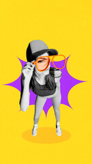 Bold colorful poster. Woman wearing cap and oversized orange glasses with one lens replaced by...