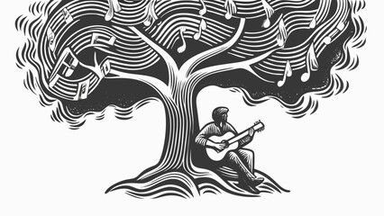 Man playing guitar under a tree with music notes in the branches in black and white illustration silhouette