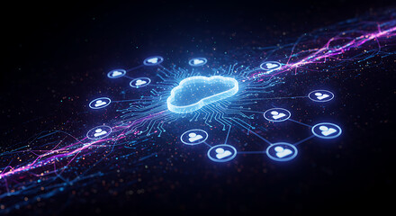 Abstract digital concept of cloud computing network with user connections and data flow. Secure global data storage and access for modern information systems.