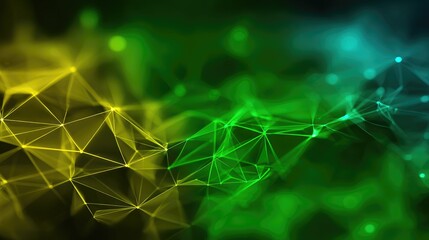 Abstract digital network of glowing triangles in shades of green and yellow