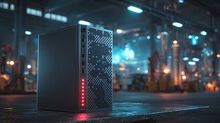 An edge computing microserver with glowing status LEDs sits on a factory workbench, shallow focus blurring the gritty industrial background.
