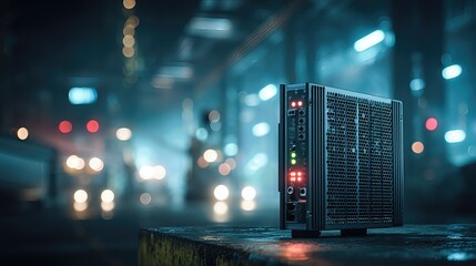 An edge computing microserver with glowing status LEDs sits on a factory workbench, shallow focus blurring the gritty industrial background.
