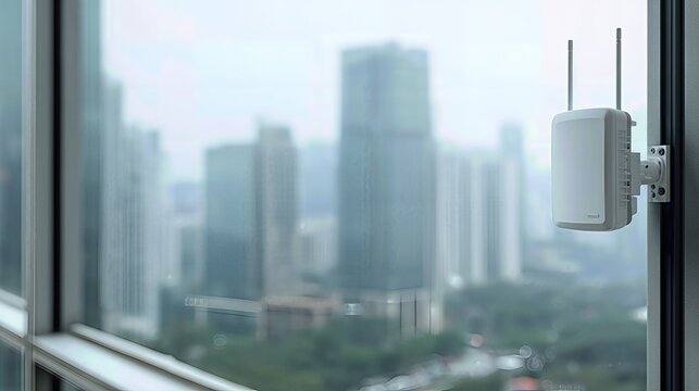 A LoRaWAN gateway antenna sits on an office window ledge, with a blurred cityscape beyond and clean square framing.
