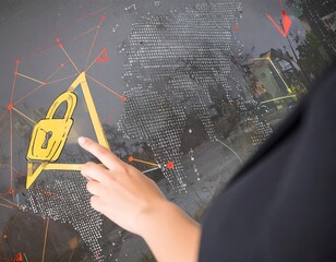Hand touching a global security icon on a screen