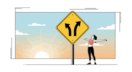 Choice Crossroads: A Woman Embraces the Path Ahead With Open Arms