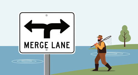 Choosing Your Path Way, Fisherman at The Crossroads Merge Lane Concept