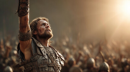 Joshua, a strong and faithful leader, raising his arm to command the sun to stand still over Gibeon, dressed in battle-worn ancient Israelite military armor and tunic,