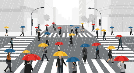 Obraz premium Cityscape illustration of people crossing the street during rainy weather conditions with colorful umbrellas adding a touch of vibrancy
