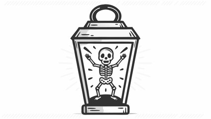 Illustration of a skeleton inside a lantern with a handle and a light source on a white background silhouette