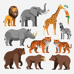 A vibrant collection of diverse wild animals, including a roaring lion, majestic elephant, tall giraffe, striped zebra, powerful rhinoceros, fierce tigers, a...